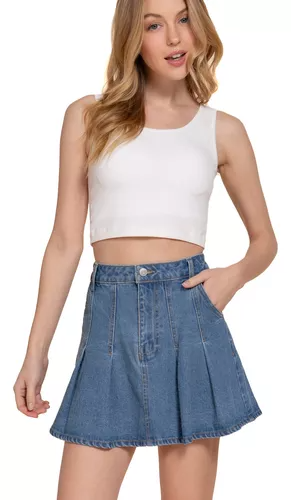 Falda De Mezclilla Diseño Pliegues Dama Estilo Casual Moda