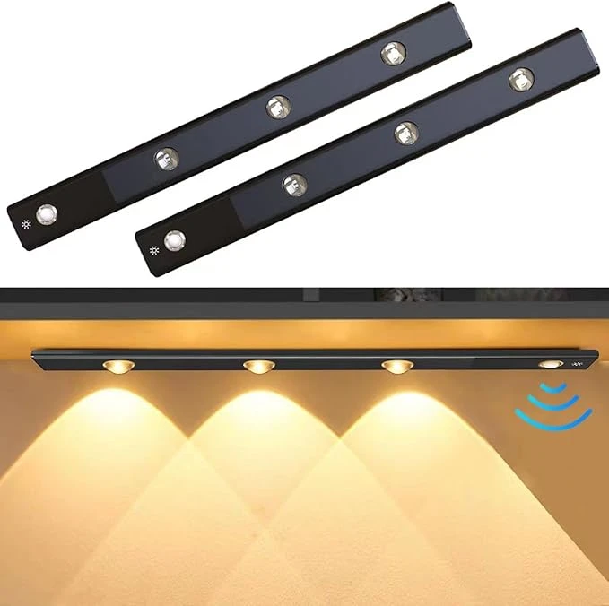 Iluminación debajo del gabinete, luz LED para clóset, luz con sensor de movimiento interior, recargable por USB, 3 modos de luz