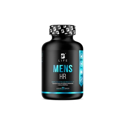 Vitaminas para el Cabello del Hombre 90 Cápsulas 500 mg por cápsula. Colágeno Hidrolizado, L Lysina, Zinc, B5, B6, Biotina y D3. Ingredientes naturales. Mens HR B Life.