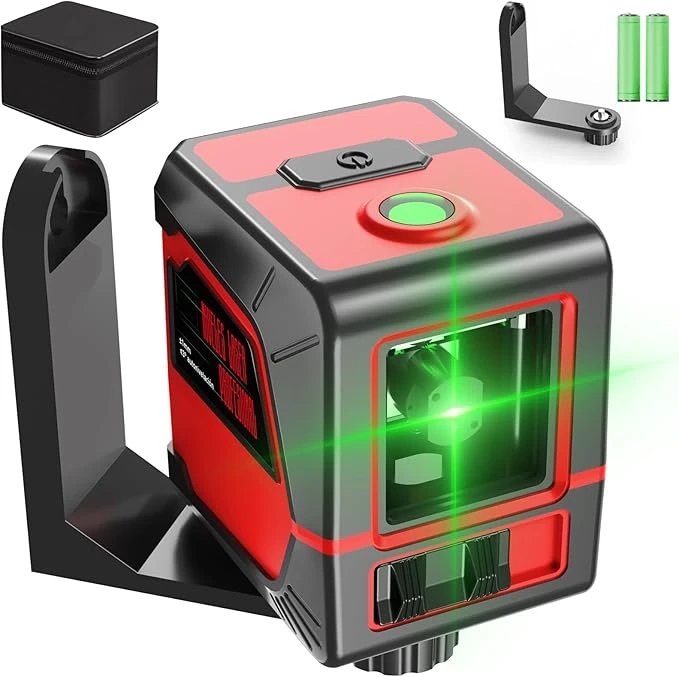 Nivel Láser Autonivelante, 2 Líneas Nivelador Laser De Horizontales Verticales Verde Cruzada con 2 Baterías y Bolsa Portátil