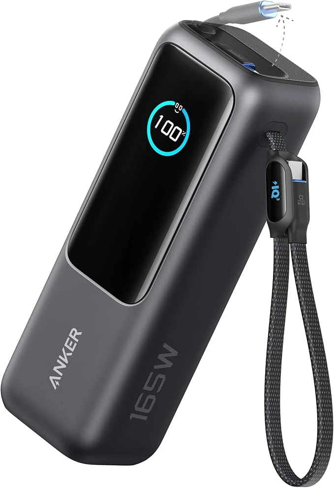Anker Power Bank para Laptop de 25,000 mAh con 3 Puertos USB-C de 100W, Cables Integrados y Retráctiles
