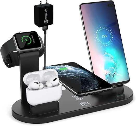 Cargador Inalámbrico 6 en 1,Soporte de Carga Inalámbrico con Cabezal de Carga QC3,para iPhone, Airpods,Cargador QI 10W Accesorios de Base de Carga Rápida Phone/Samsung/Huawei/Google/XiaoMi