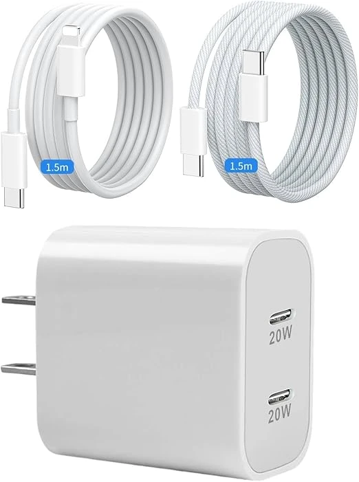 Cargador Carga Rápida para iPhone 16 15 14 con 1.5M Cable USB C a L y Cable USB C, Dual Puerto Cargador Tipo C para iPhone 13 12 11 X XS 8 Pro MAX Plus, iPad