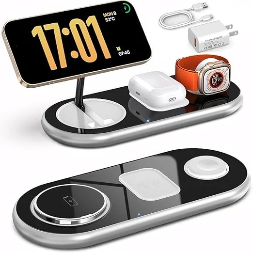 Cargador Inalámbrico Magnético 3 en 1 con Adaptador de 18W, Estacion de Carga Compatible con MagSafe para iPhone 13/14/15/Plus/Pro/Pro MAX, Apple Watch Ultra 9/8/7/SE/6/5/4/3/2, AirPods Pro 3/2
