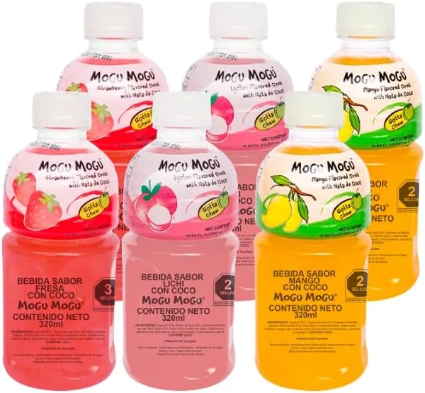 6 pack de bebidas orientales sabor mango, lychee, fresa con trozos de coco Mogu Mogu 355ml c/u