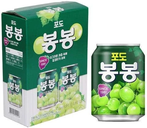 Bebida sin Gas Sabor Uva Verde, Bong Bong, Producto Coreano. Paquete de 12 piezas.